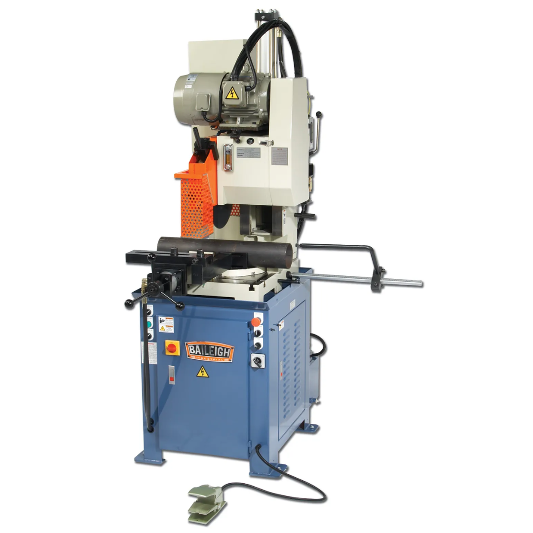 Baileigh Semi-Automatic Cold Saw CS-C485SA 1002634 front view featuring a heavy-duty semi-automatic cold saw with hydraulic cutting head, integrated coolant system, precision vise, and industrial steel cabinet for high-accuracy metal cutting.