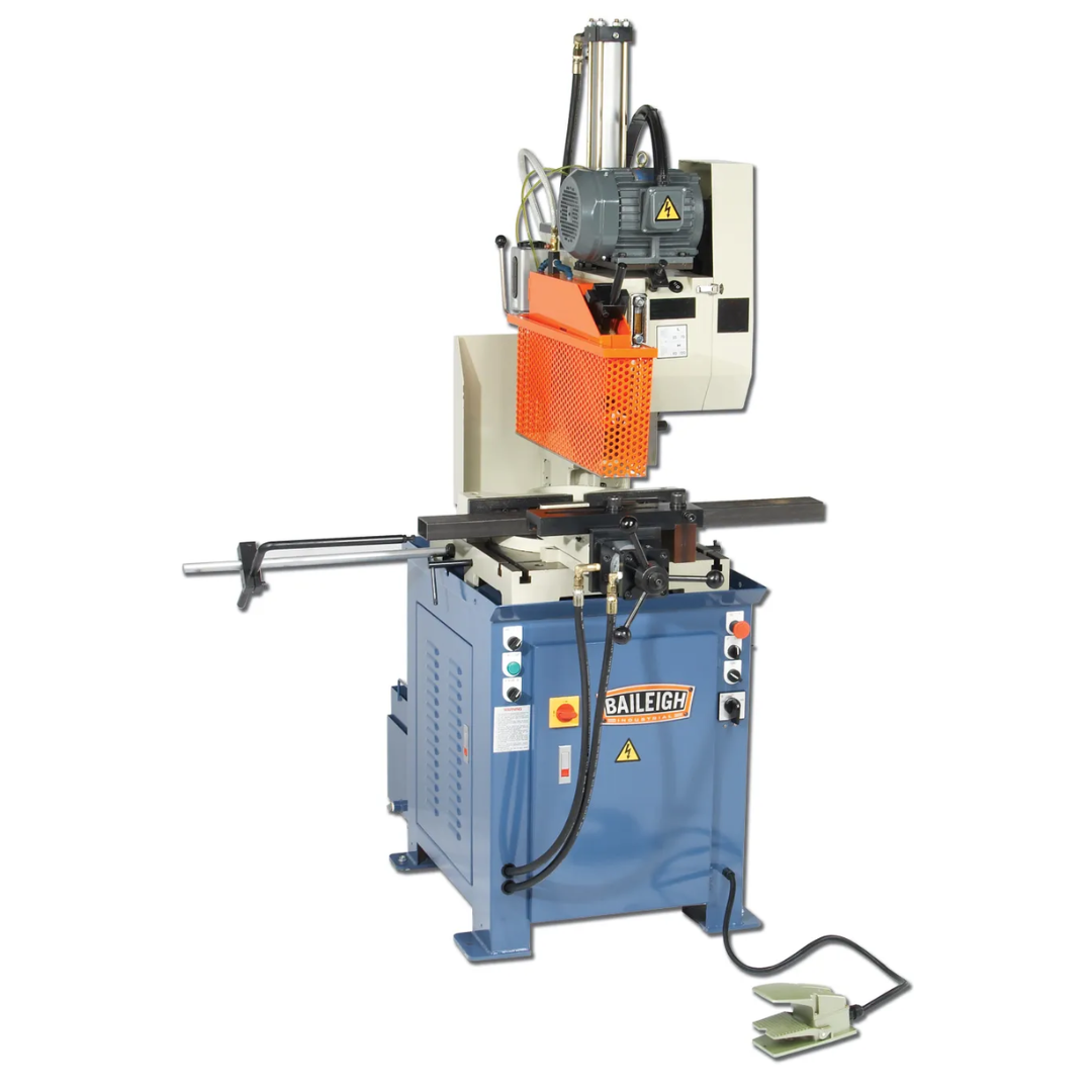 Baileigh Semi-Automatic Column Coldsaw CS-C425SA 1002633 front view featuring a heavy-duty semi-automatic column cold saw with hydraulic cutting head, precision self-centering vise, integrated coolant system, material stop, and industrial steel cabinet for accurate, burr-free metal cutting.