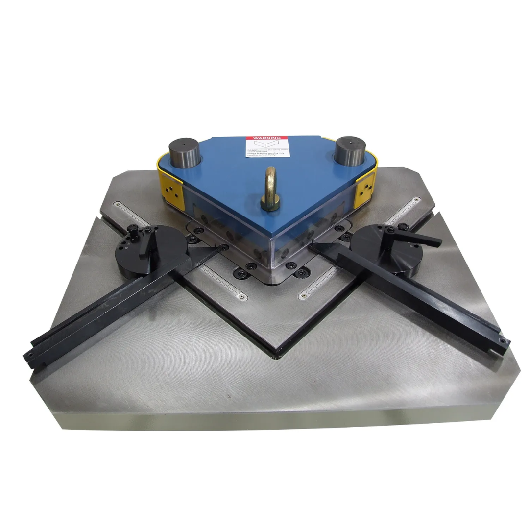 Baileigh Sheet Metal Corner Notcher SN-F09-MS 1007231 close-up of the precision notching head and adjustable worktable for accurate sheet metal corner cutting.