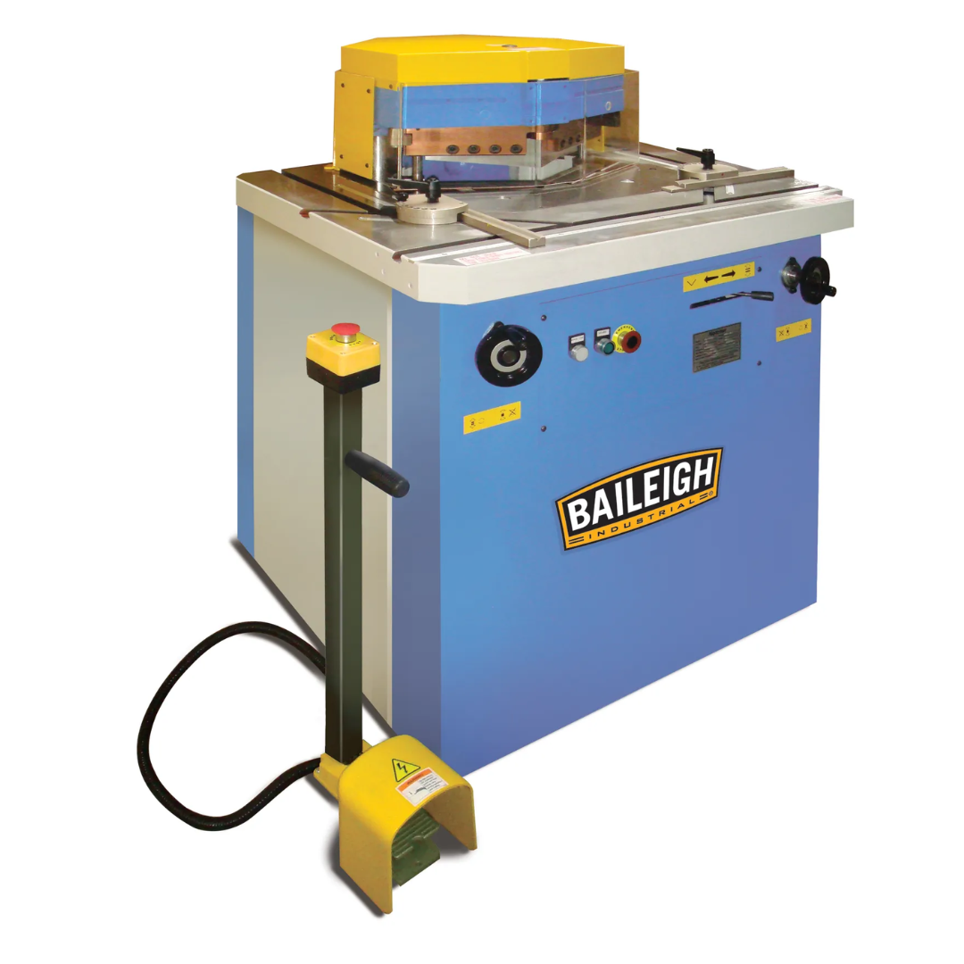 Baileigh Sheet Metal Notcher SN-V04-MS 1007269 heavy-duty hydraulic variable-angle sheet metal notching machine with precision worktable, safety guarding, foot pedal controls, and industrial steel cabinet construction.