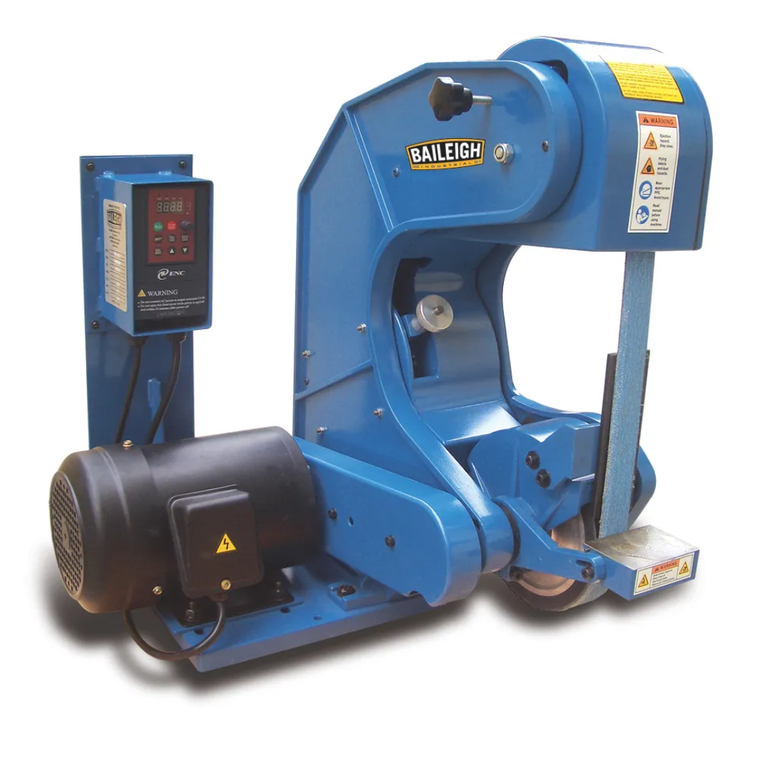 Baileigh Three Wheel Variable Speed Belt Grinder - BG-260-3-220 1000672 industrial variable speed belt grinder featuring a three-wheel design, digital speed control, heavy-duty motor, and precision metal finishing capabilities.