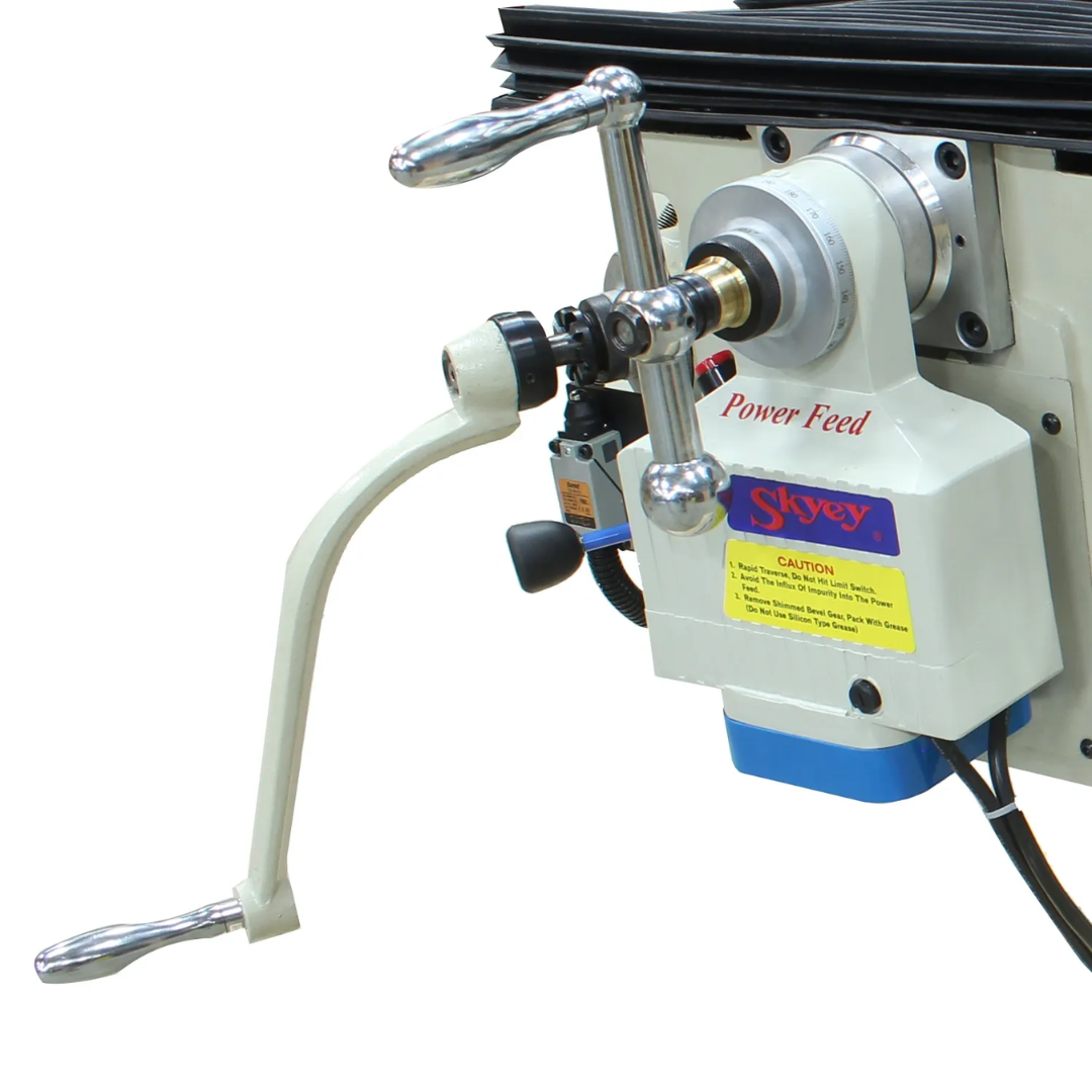 Baileigh Variable-Speed Vertical Mill, DRO, Powerfeeds (VM-1054E-VS) 1020696 close-up of the precision power feed assembly for smooth and accurate table movement.