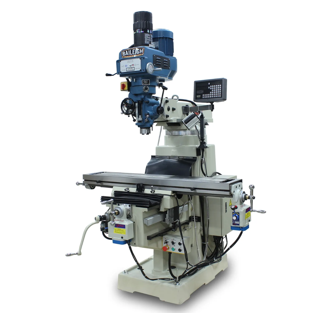 Baileigh Variable-Speed Vertical Mill, DRO, Powerfeeds (VM-1054E-VS) 1020696 full front view showing industrial vertical knee milling machine with variable-speed head, digital readout, power feeds, and large precision worktable.