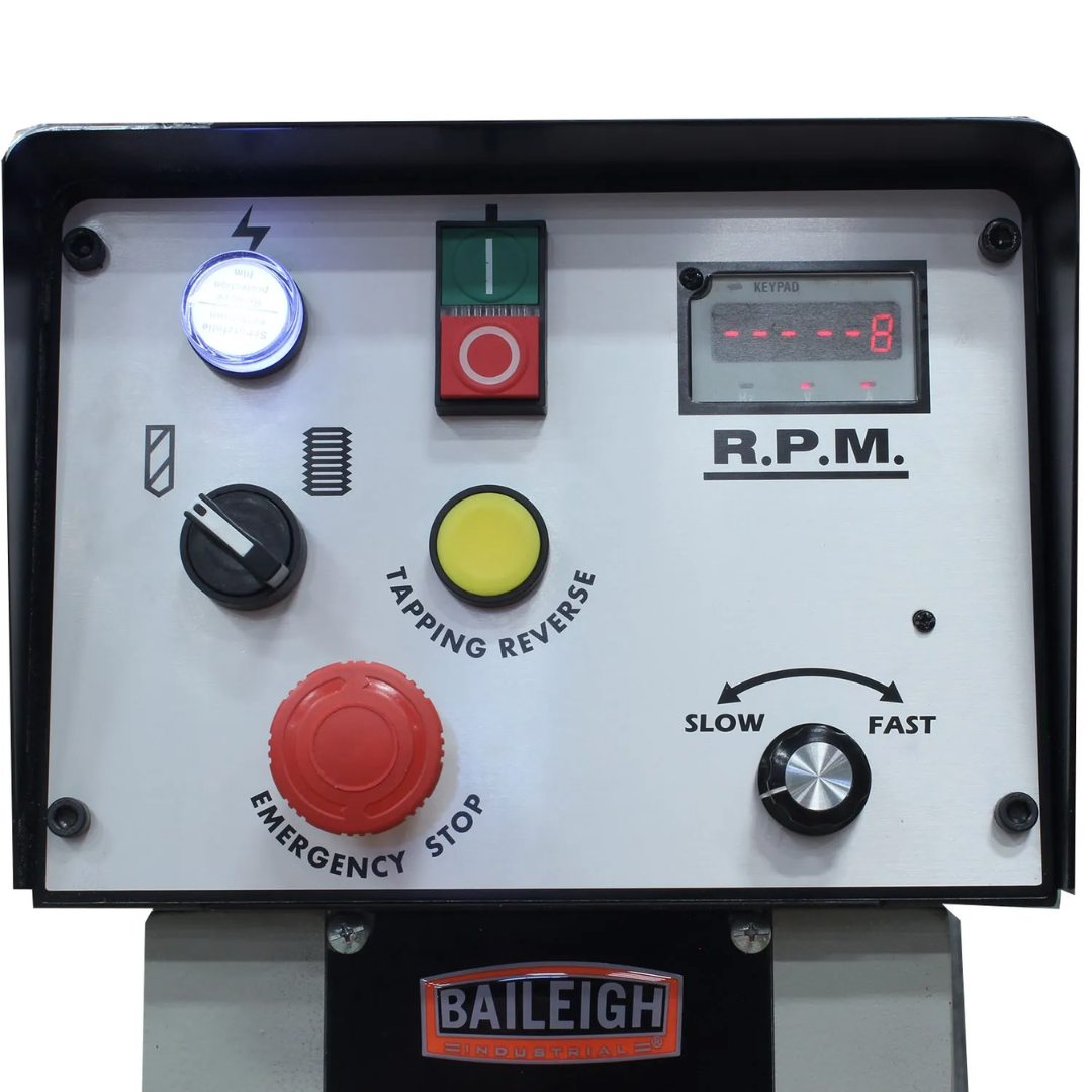 Baileigh Variable Speed Drill Press DP-1200VS 1020169 control panel with variable speed adjustment, operational controls, and digital display designed for precise drilling speed management and operator convenience.
