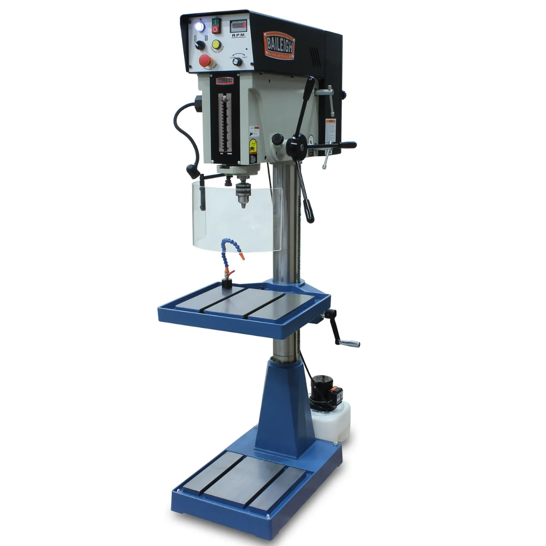 Baileigh Variable Speed Drill Press DP-1200VS 1020169 industrial floor-standing drill press featuring variable speed controls, heavy-duty cast construction, precision spindle assembly, and large work table for professional drilling applications.