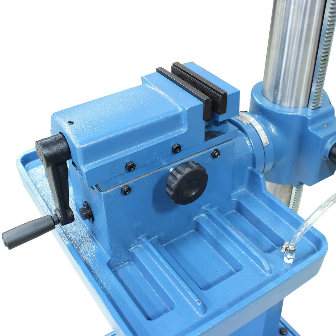 Baileigh Variable Speed Drill Press DP-1400VS 1022511 worktable close-up showing the precision tilting table, crank height adjustment mechanism, and heavy-duty spindle assembly for accurate drilling and positioning.
