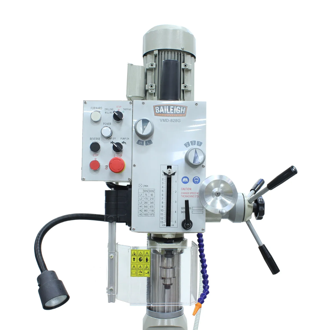 Baileigh Vertical Mill Drill VMD-828G 1020692 front view showing industrial mill drill head, spindle controls, and precision machining platform for drilling, milling, and fabrication operations.