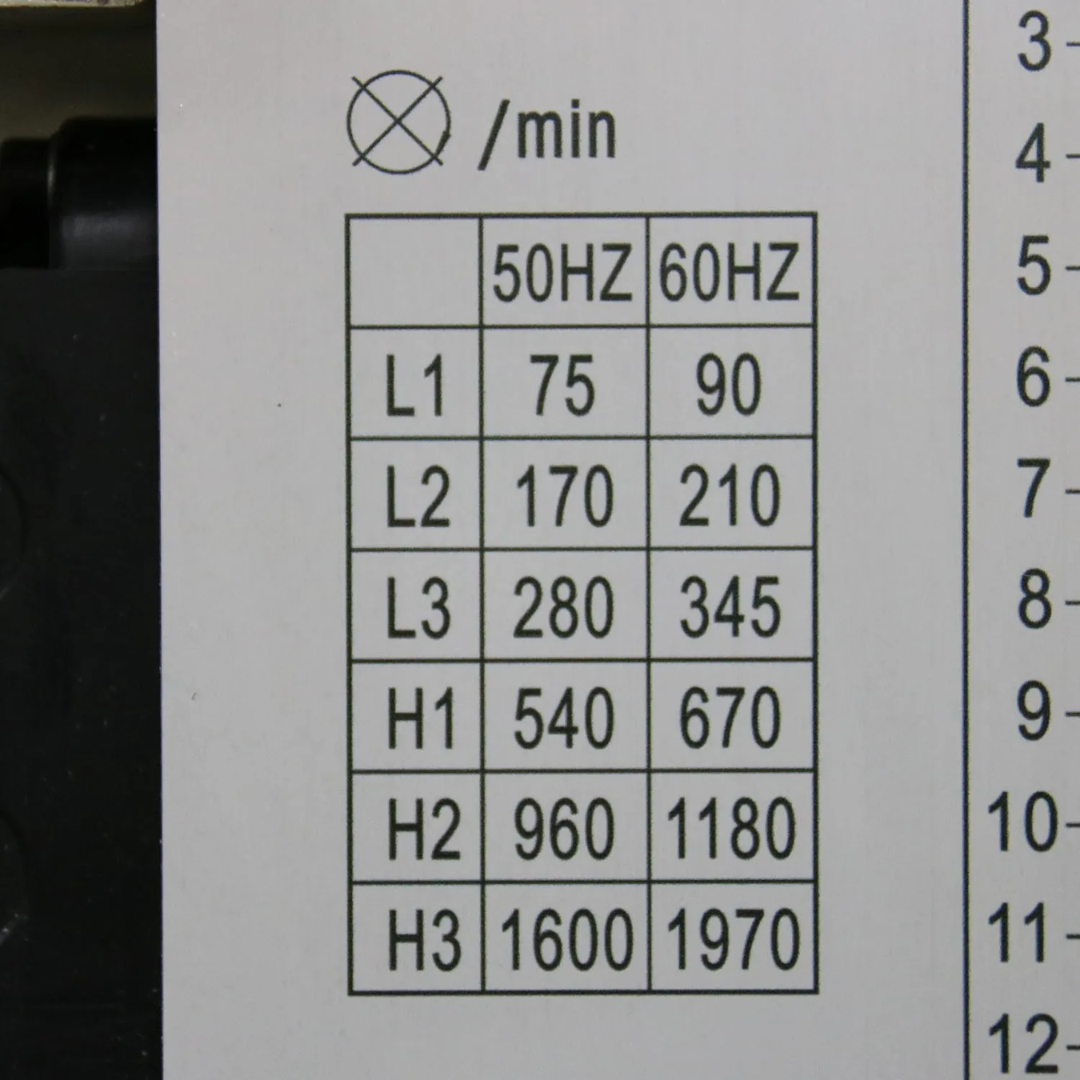 Baileigh Vertical Mill Drill VMD-828G 1020692 speed range chart displaying spindle speed configurations for different machining requirements and material types.