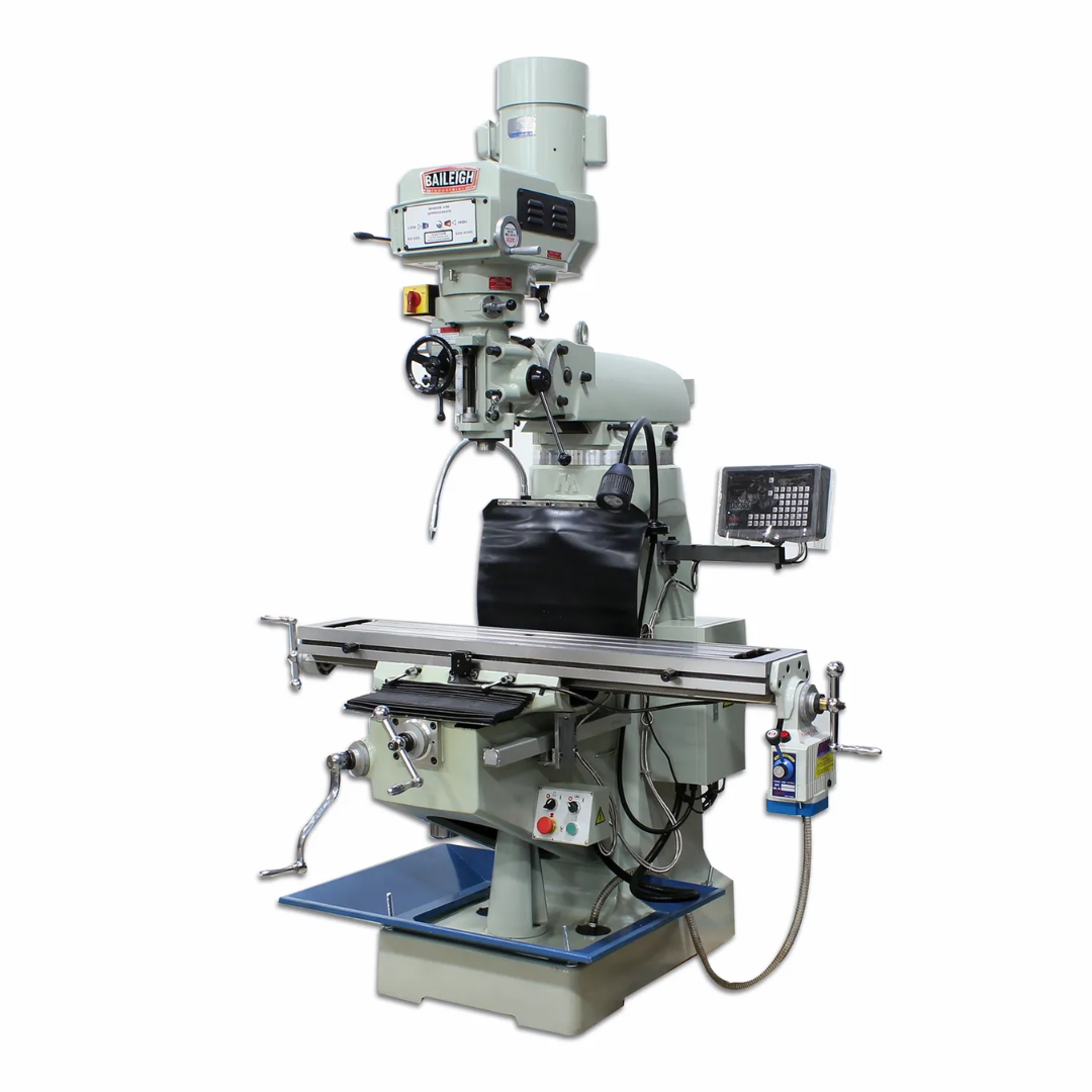 Baileigh Vertical Mill VM-949E-VS 1019108 full front view showing industrial variable-speed vertical milling machine with precision table, digital readout, power feed system, and heavy-duty cast iron construction.