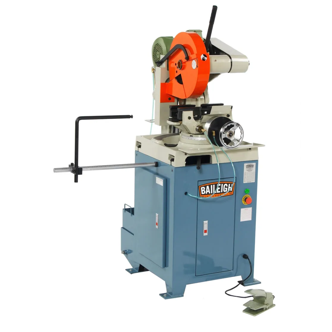 Baileigh n-Ferrous Metal Cutting Cold Saw CS-355SA 1002591 featuring a heavy-duty automatic non-ferrous metal cutting machine with precision circular cold saw blade, adjustable miter cutting table, integrated coolant system, material support arm, foot pedal control, and industrial steel cabinet base for accurate aluminum and non-ferrous metal fabrication.