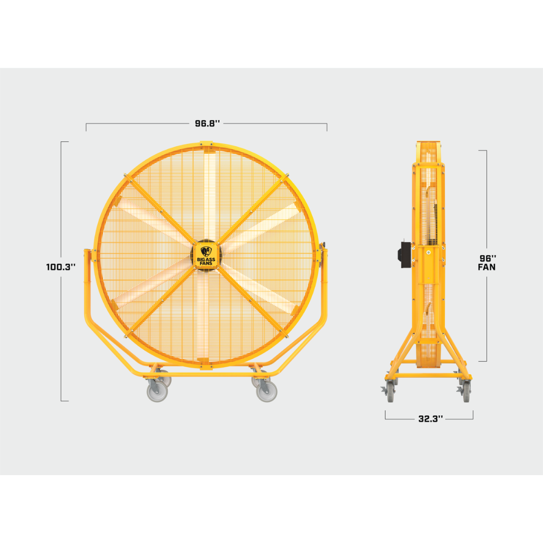 Big Ass Fans AirGo Directional Fan F-AG2-0801 dimensional comparison showing fan size beside person for scale