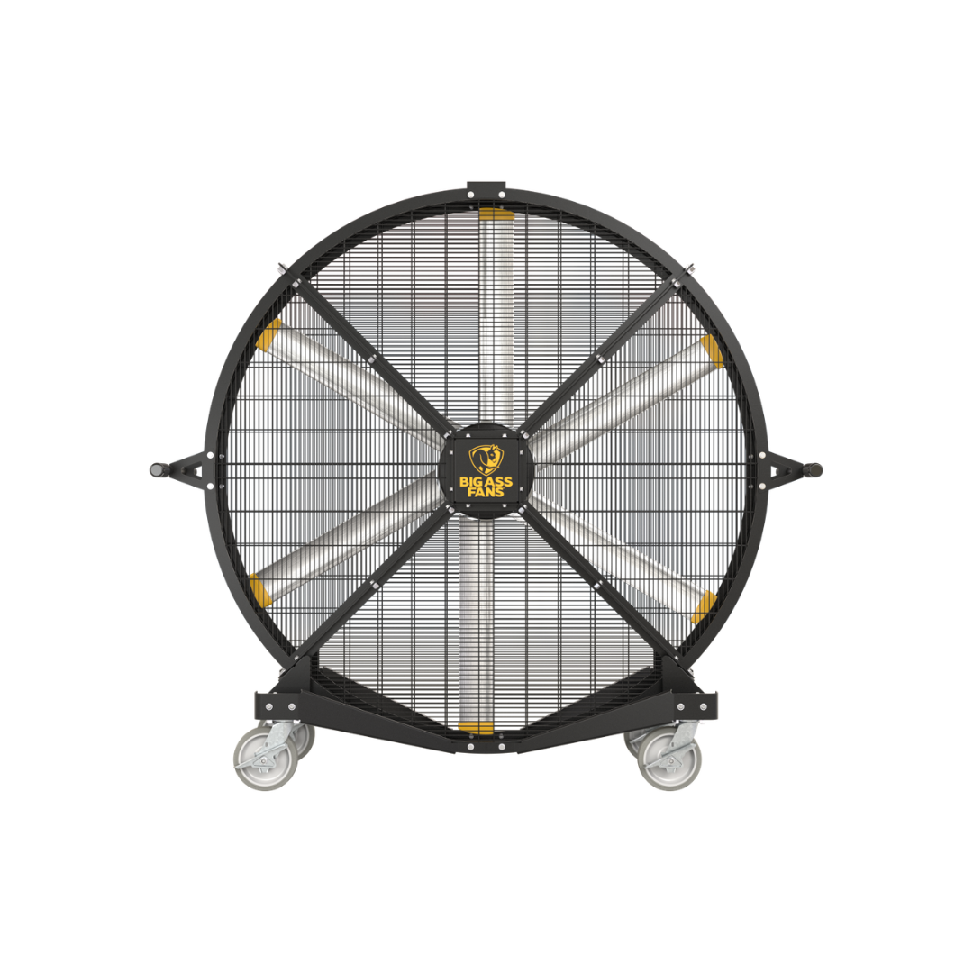 Big Ass Fans Black Jack Directional Fan F-BJ1-0601 industrial directional fan front view with heavy-duty frame and wheels