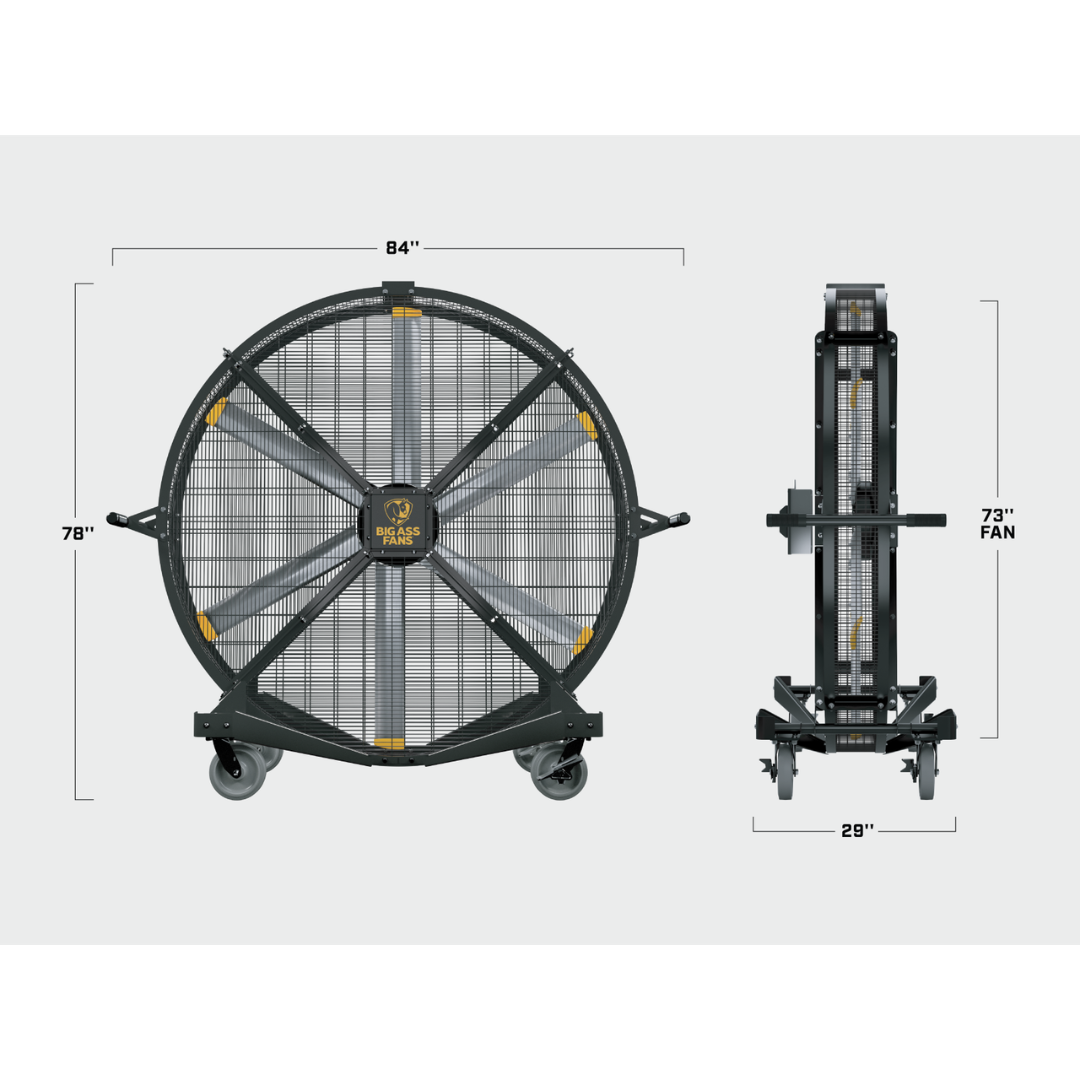 Big Ass Fans Black Jack Directional Fan F-BJ1-0601 side profile and front view showing portable high-velocity airflow fan with wheeled base