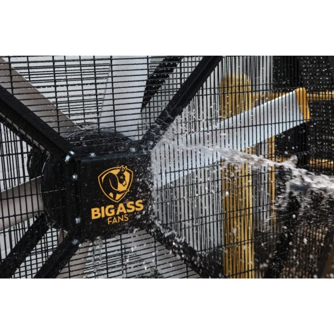 Big Ass Fans Black Jack Directional Fan F-BJ1-0601 washdown-ready industrial fan with water spray demonstrating durability