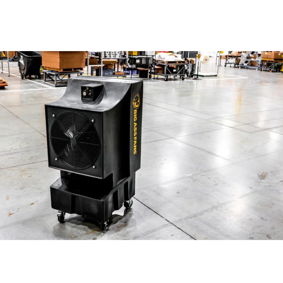 Big Ass Fans Cool-Space 300 Evaporative Cooler F-EV1-1801 evaporative cooler operating inside warehouse environment