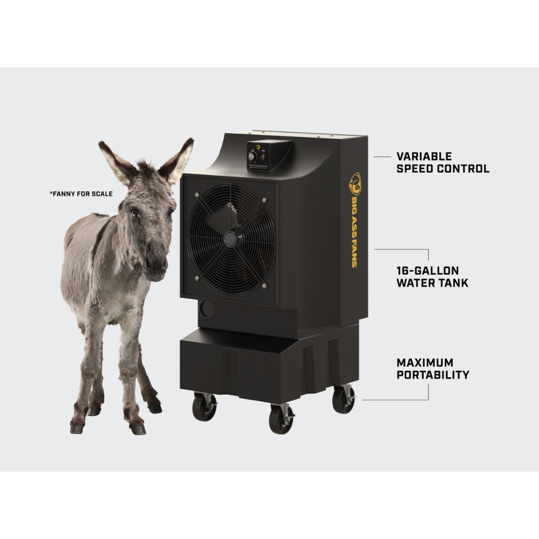 Big Ass Fans Cool-Space 300 Evaporative Cooler F-EV1-1801 mobile evaporative cooler showing airflow cooling coverage comparison