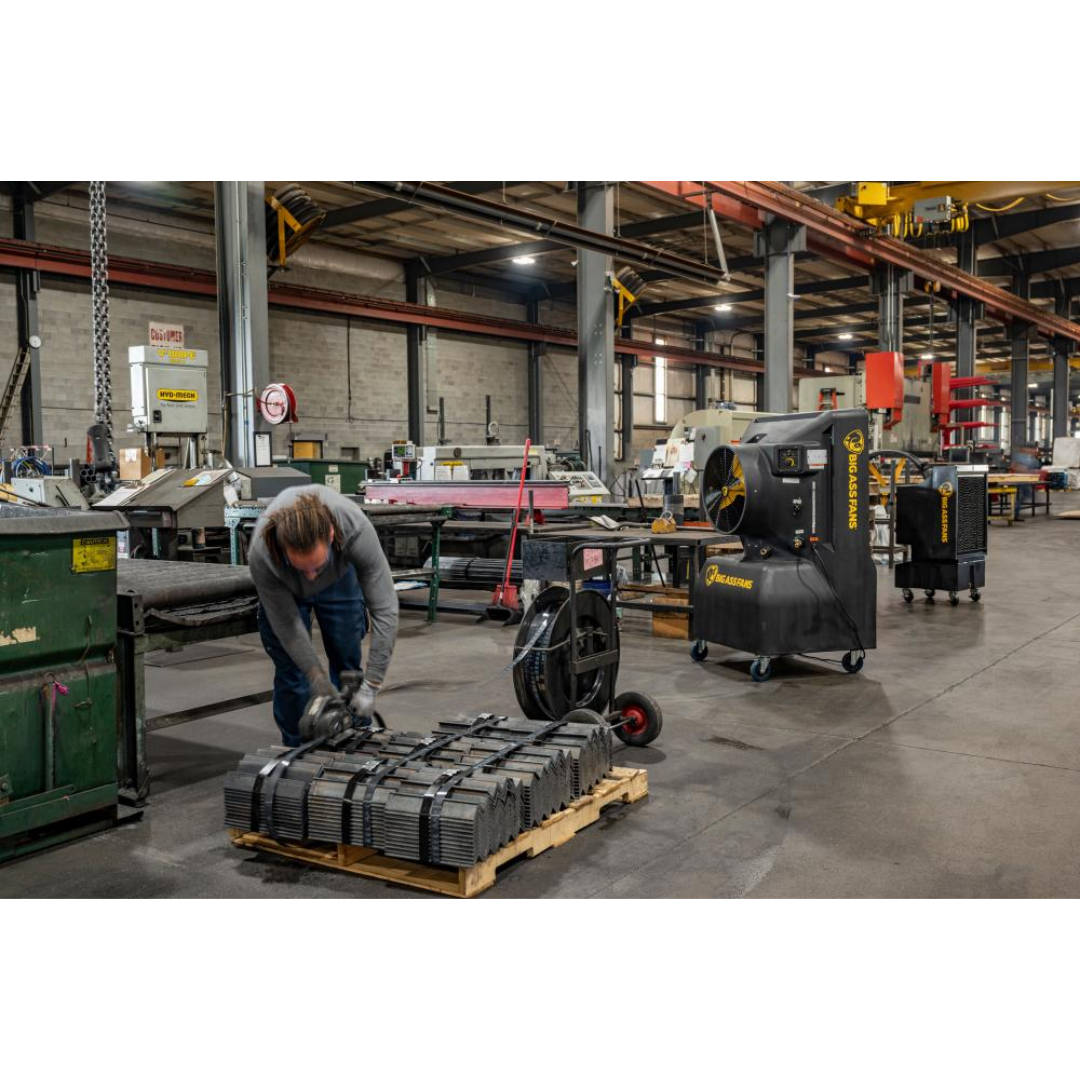 Big Ass Fans Cool-Space 350 Evaporative Cooler E-350-2001 cooling manufacturing floor workers in industrial production environment