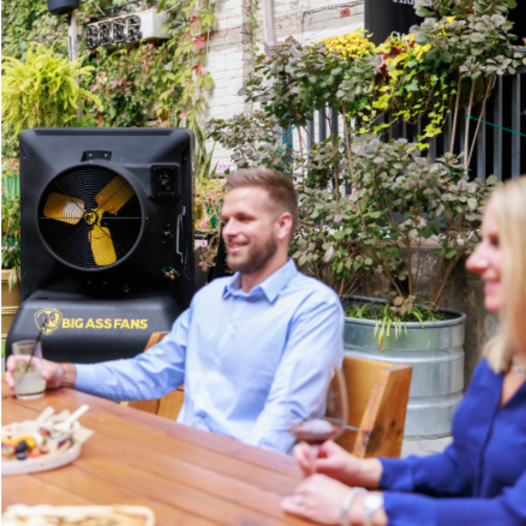 Big Ass Fans Cool-Space 350 Evaporative Cooler E-350-2001 evaporative air cooler providing cooling for outdoor dining area