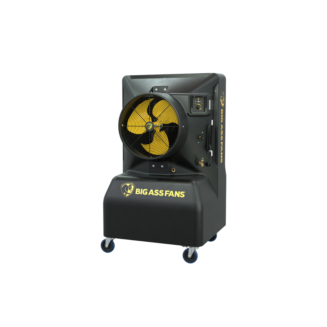 Big Ass Fans Cool-Space 350 Evaporative Cooler E-350-2001 industrial portable evaporative cooler front view with large yellow fan and wheeled base