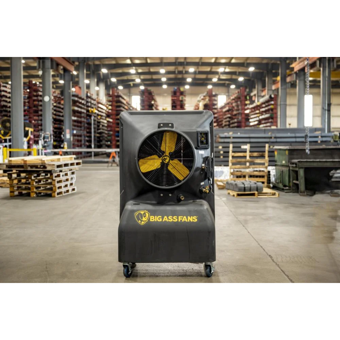 Big Ass Fans Cool-Space 350 Evaporative Cooler E-350-2001 operating inside large warehouse facility for industrial spot cooling