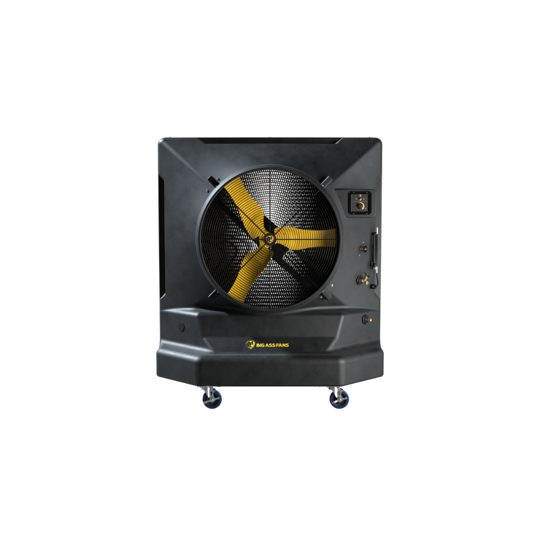 Big Ass Fans Cool-Space 400 Evaporative Cooler E-400-3601 full unit perspective showing heavy-duty evaporative cooling cabinet and casters