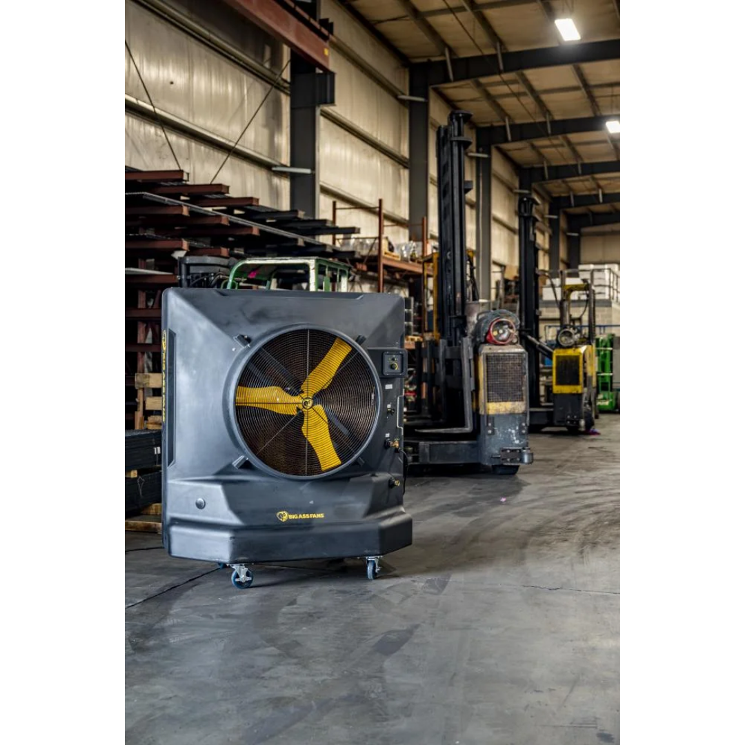 Big Ass Fans Cool-Space 400 Evaporative Cooler E-400-3601 operating inside warehouse providing industrial spot cooling