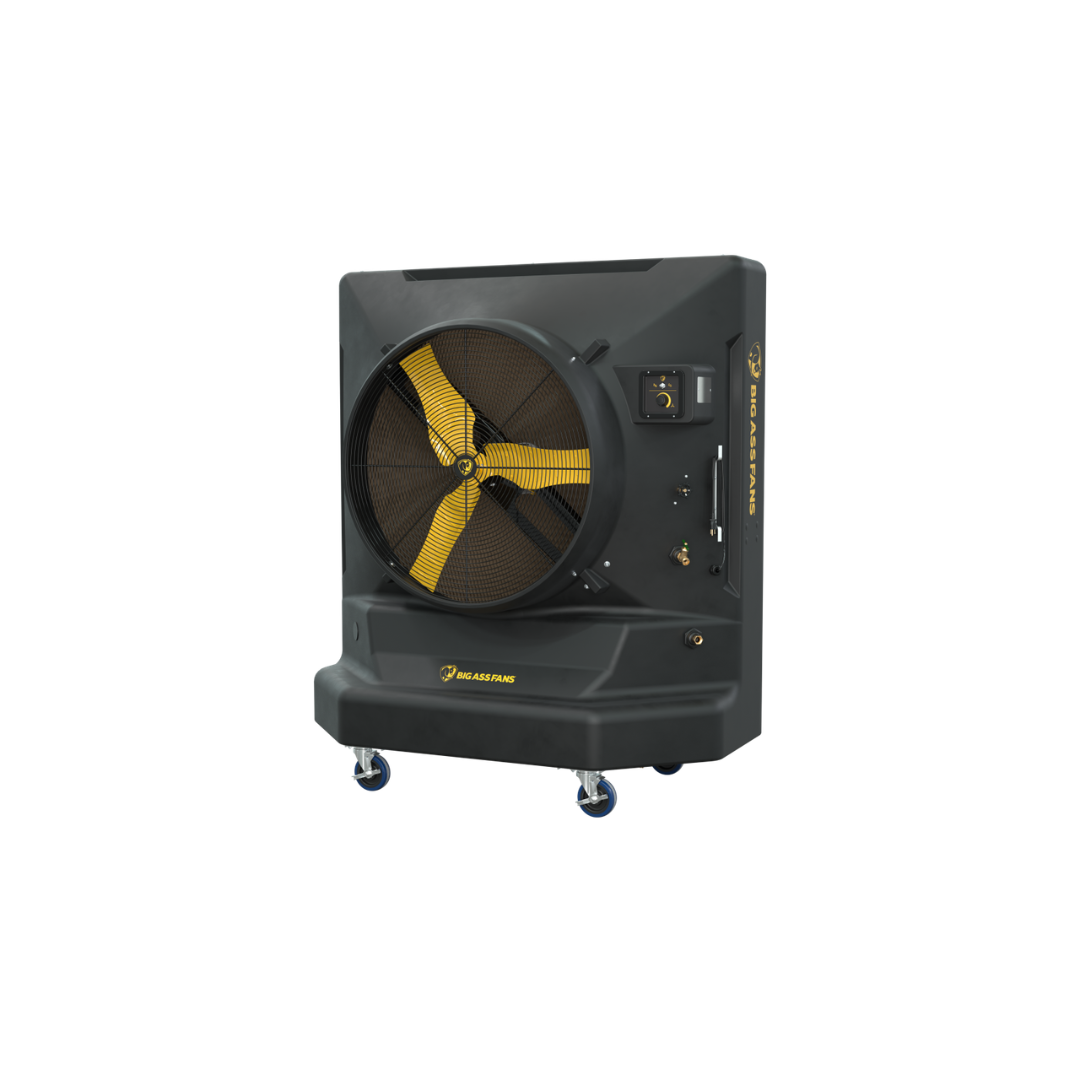 Big Ass Fans Cool-Space 400 Evaporative Cooler E-400-3601 portable industrial evaporative air cooler front view with large yellow fan and wheeled base