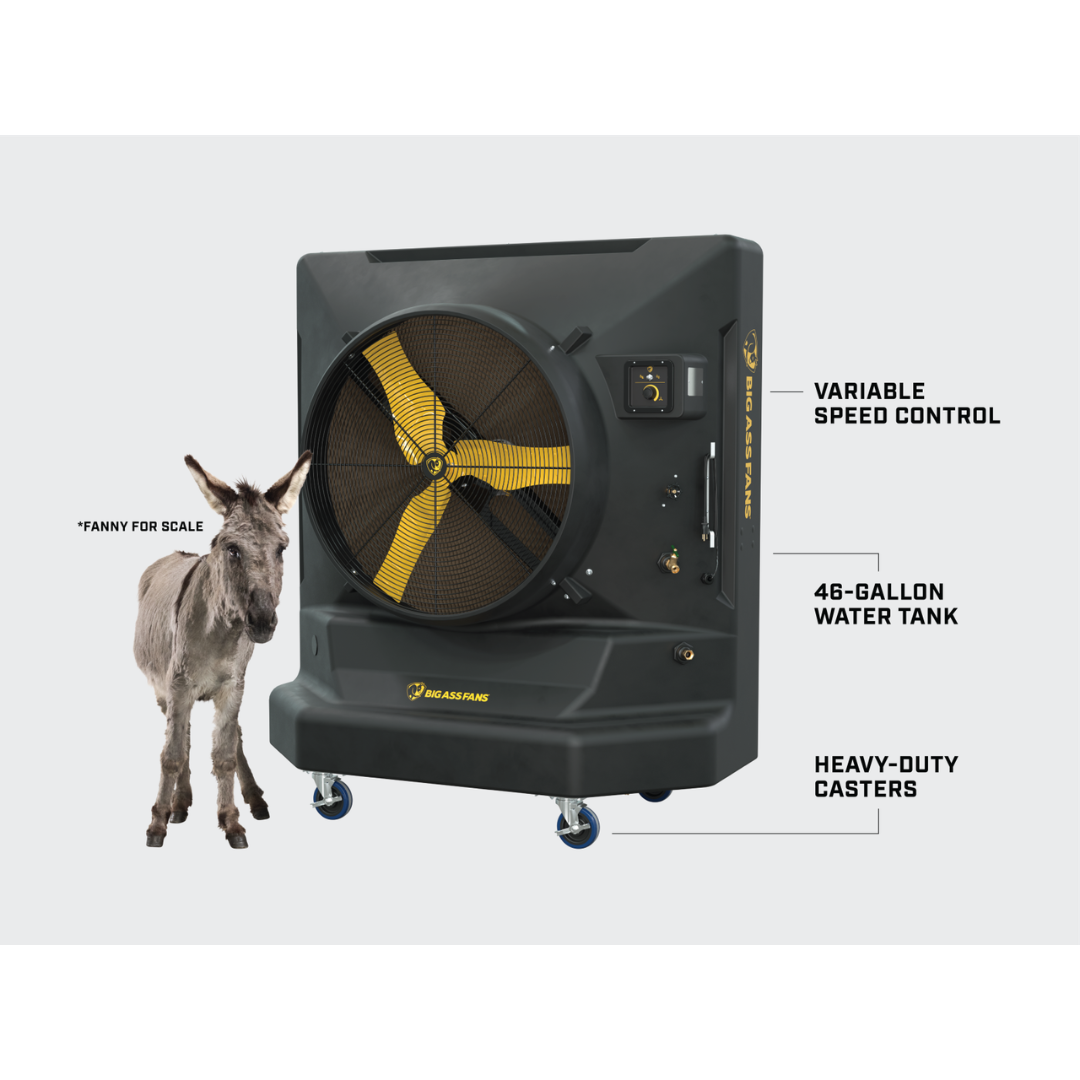 Big Ass Fans Cool-Space 400 Evaporative Cooler E-400-3601 product comparison view beside dog for size scale reference