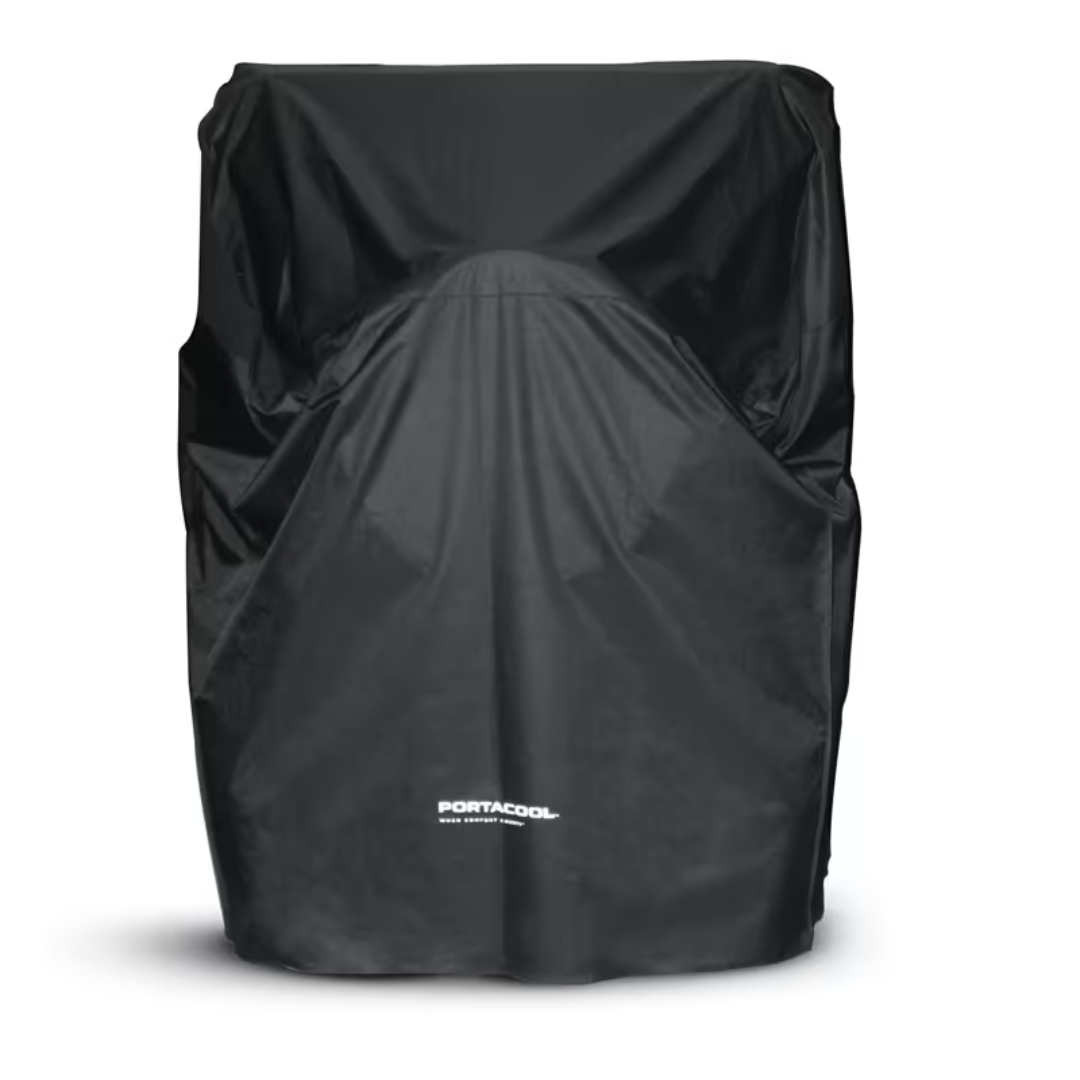 Black weather-resistant Portacool APEX 2000 and Jetstream 250 Protective Cover CVRR0004K covering a large portable evaporative cooler for protection from outdoor elements