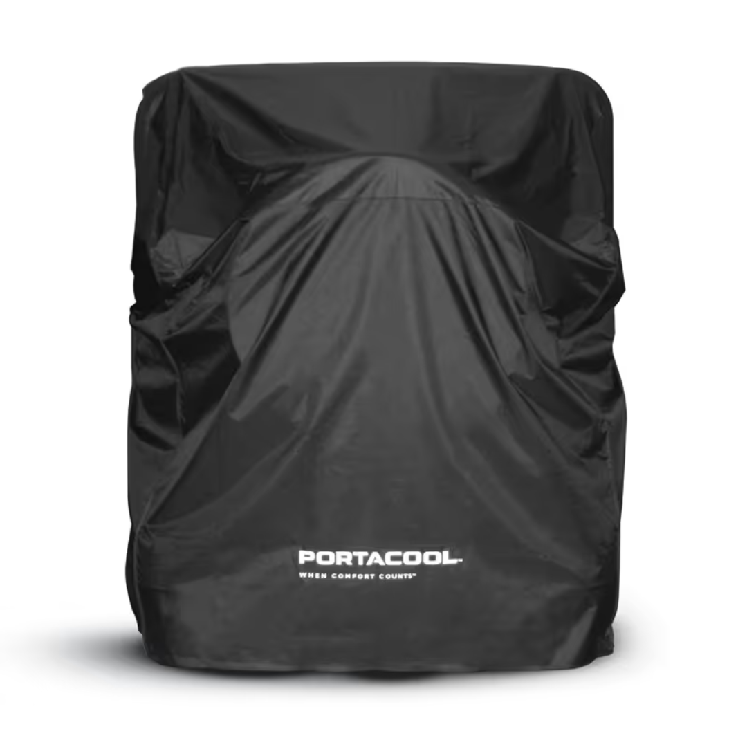 Black weather-resistant Portacool APEX 4000 and Jetstream 260 Protective Cover CVRR0005K installed over a large Portacool evaporative cooler for protection from outdoor elements