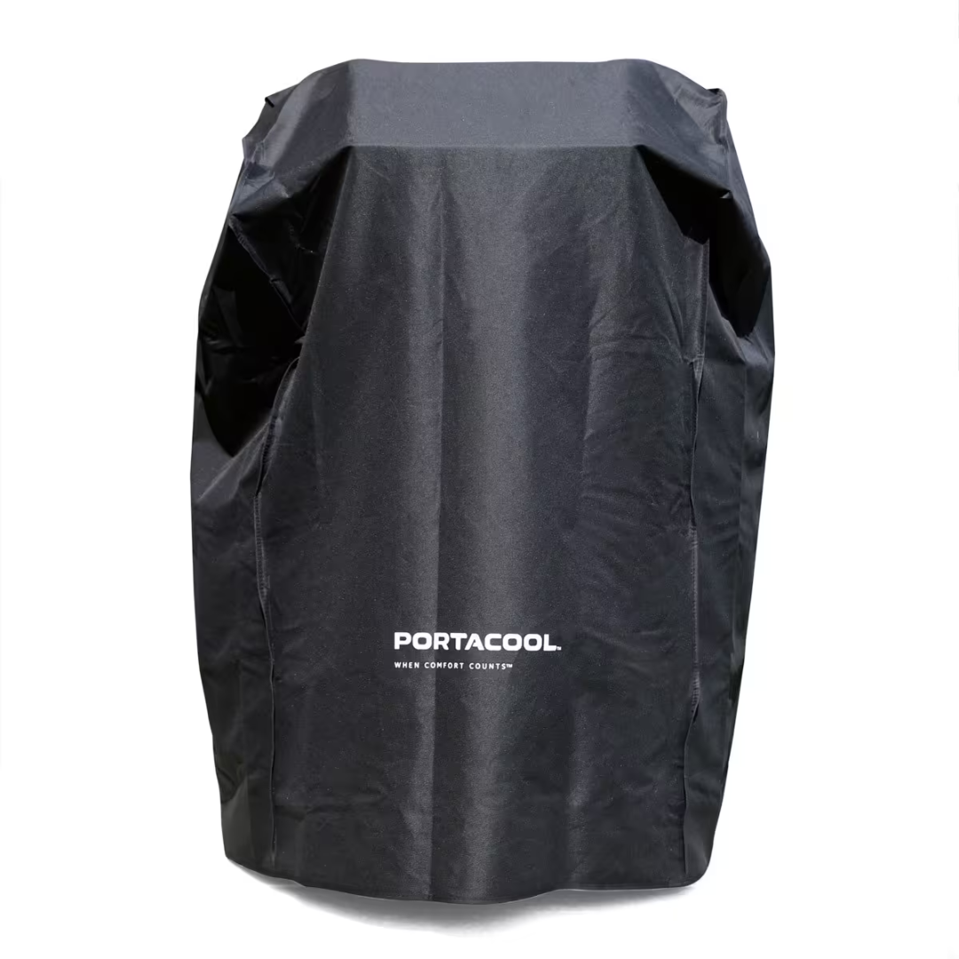 Black weather-resistant Portacool APEX 700 and Jetstream 230 Protective Cover CVRR0002K covering an evaporative cooler unit with Portacool logo on the front
