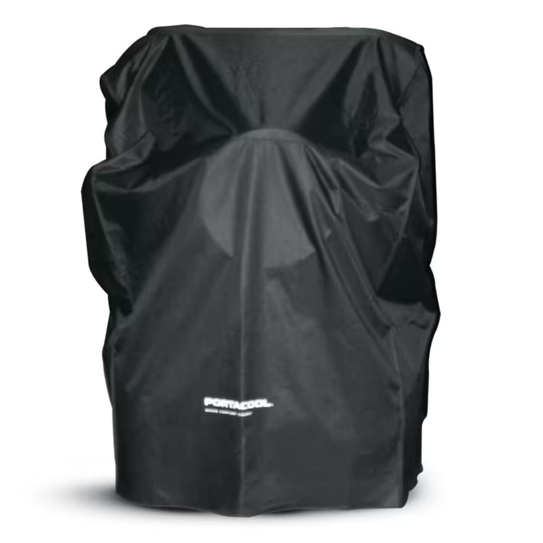Black weather-resistant Portacool Apex 1200 and Jetstream 240 Protective Cover CVRR0003K installed over a Portacool evaporative cooler for outdoor protection