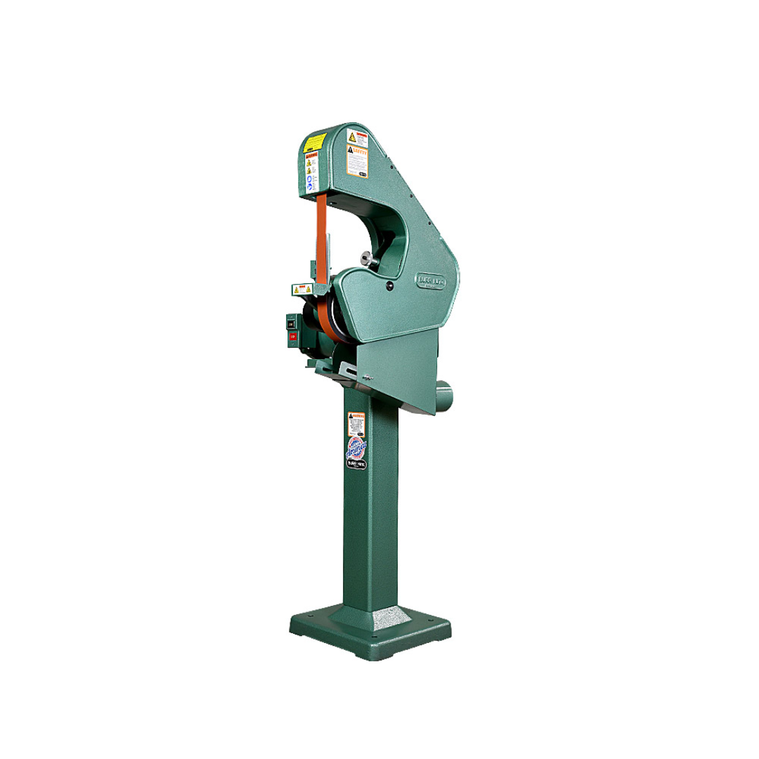 Burr King 1.5 x 60 or 2 x 60 Three Wheel Belt Grinder Model 760 70100 alternate pedestal-mounted view showing the grinder's compact footprint and operator-friendly design.