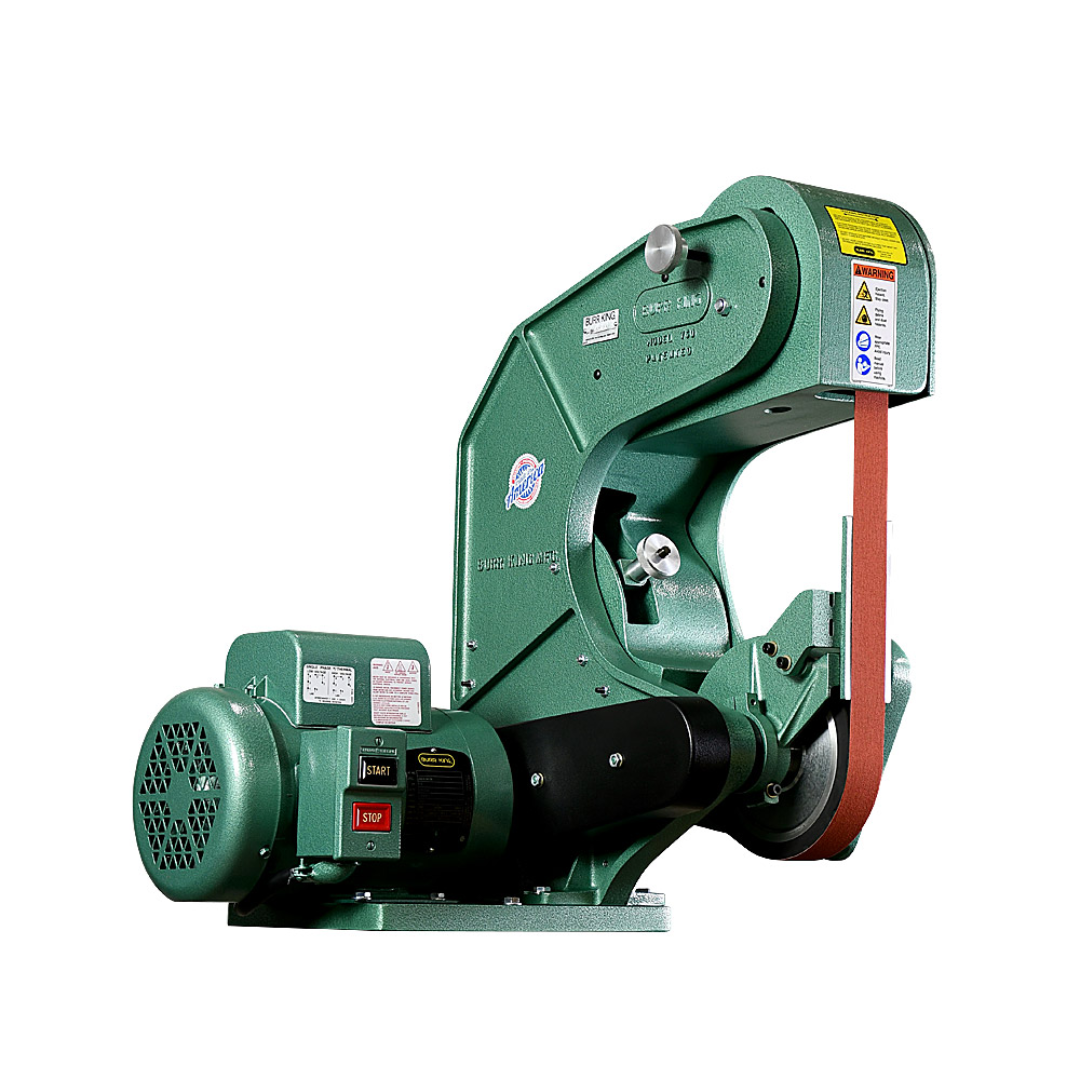 Burr King 1.5 x 60 or 2 x 60 Three Wheel Belt Grinder Model 760 70100 bench-mounted configuration designed for professional grinding, deburring, and finishing applications.