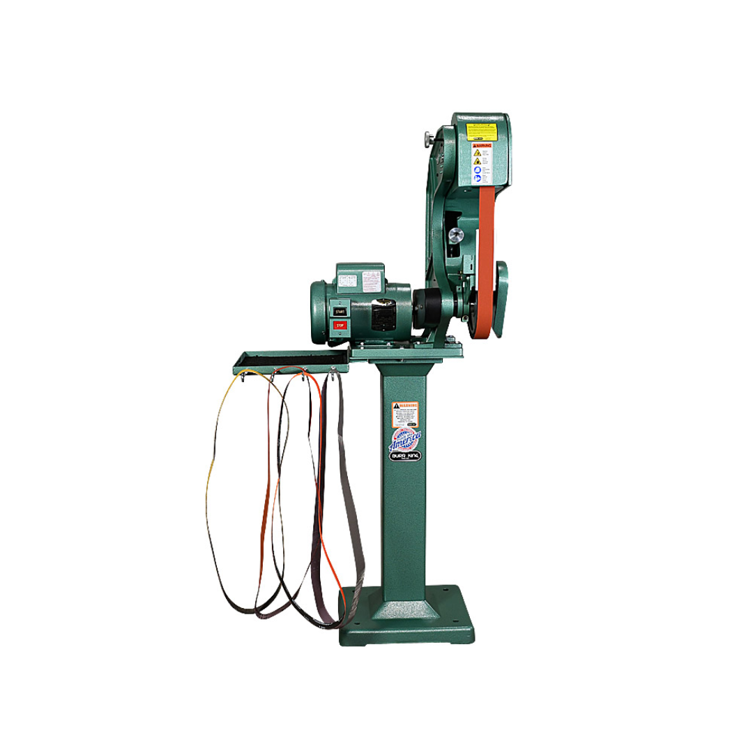 Burr King 1.5 x 60 or 2 x 60 Three Wheel Belt Grinder Model 760 70100 pedestal-mounted configuration with accessory connections for industrial production environments.
