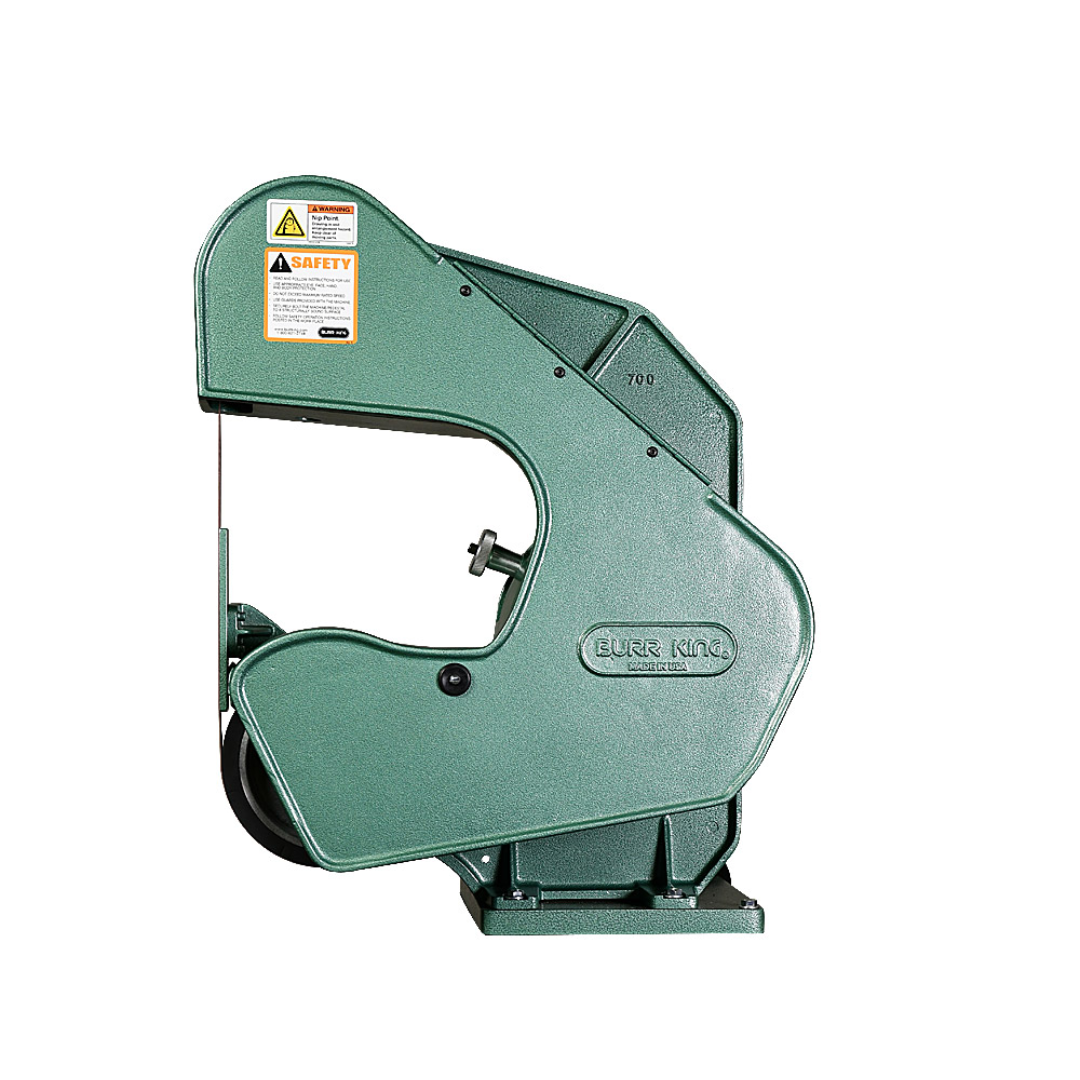 Burr King 1.5 x 60 or 2 x 60 Three Wheel Belt Grinder Model 760 70100 side profile showing the open three-wheel frame and large throat clearance for versatile grinding access.