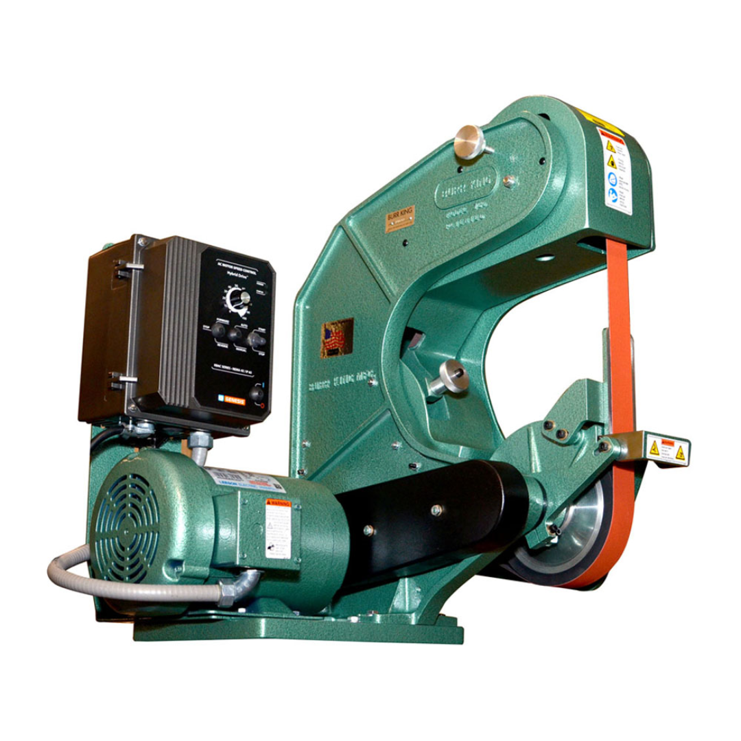 Burr King 1.5 x 60 or 2 x 60 Three Wheel Belt Grinder Model 760 72110 industrial variable speed three-wheel belt grinder designed for precision grinding, deburring, beveling, contouring, and metal finishing applications.