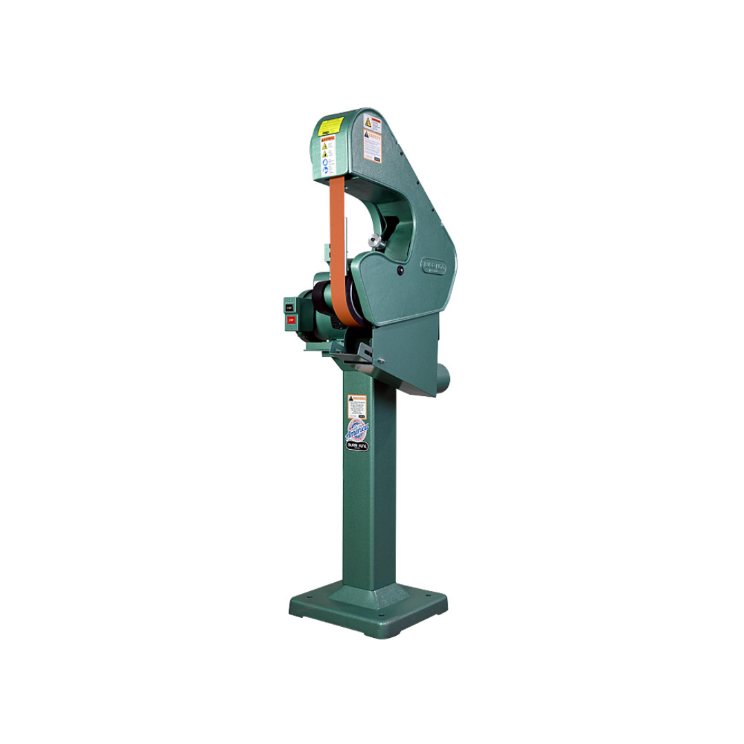 Burr King 1.5 x 60 or 2 x 60 Three Wheel Belt Grinder Model 760 75100 pedestal-mounted configuration for ergonomic industrial grinding and finishing operations.