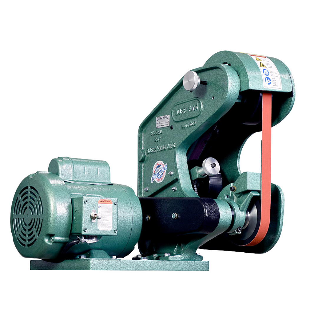 Burr King 1 x 42 Three Wheel Belt Grinder Model 562 56100 bench-mounted configuration showing the compact motor, abrasive belt, and heavy-duty grinder frame.