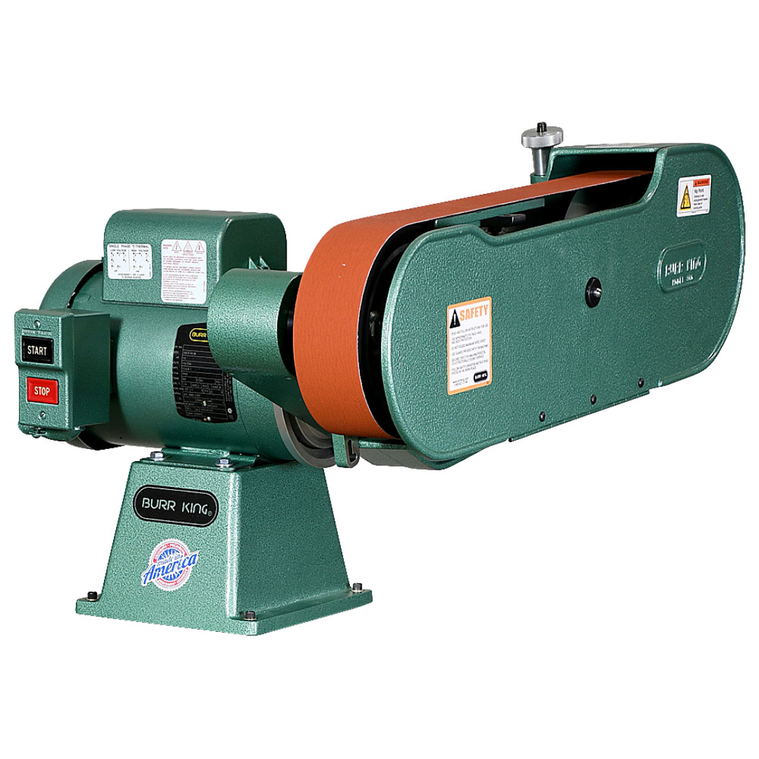 Burr King 2.5 x 60 Two Wheel Belt Grinder Model 960-250 90100 horizontal bench-mounted configuration for industrial grinding and finishing applications.