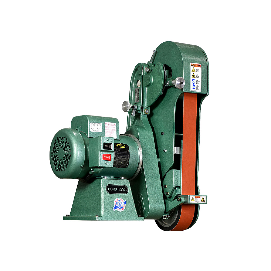 Burr King 2.5 x 60 Two Wheel Belt Grinder Model 960-250 90100 rear angle view highlighting the motor, drive system, and compact industrial design.