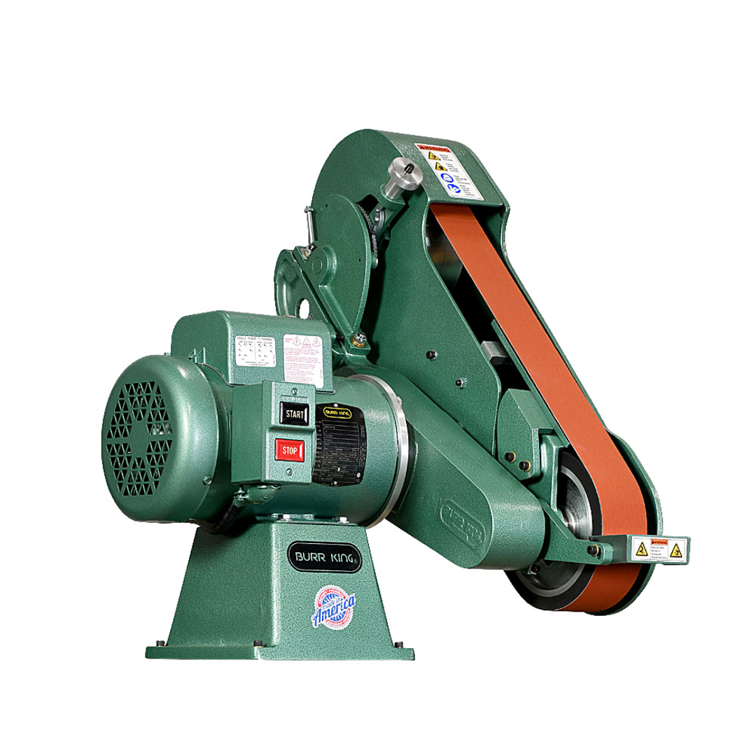 Burr King 2.5 x 60 Two Wheel Belt Grinder Model 960-250 90100 side profile illustrating the platen area and 2.5 x 60 inch abrasive belt configuration.