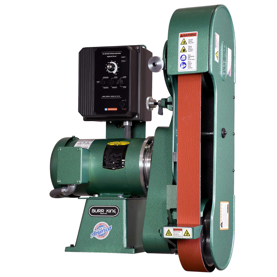 Burr King 2.5 x 60 Two Wheel Belt Grinder Model 960-250 92110 rear angle view displaying the motor, VFD controller, and compact heavy-duty construction.