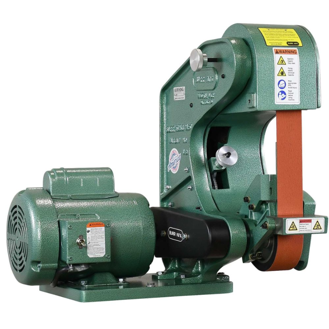 Burr King 2 x 48 Three Wheel Belt Grinder Model 482 40100 industrial three-wheel belt grinder with a 2 x 48 inch abrasive belt designed for precision grinding, deburring, contouring, and metal finishing.