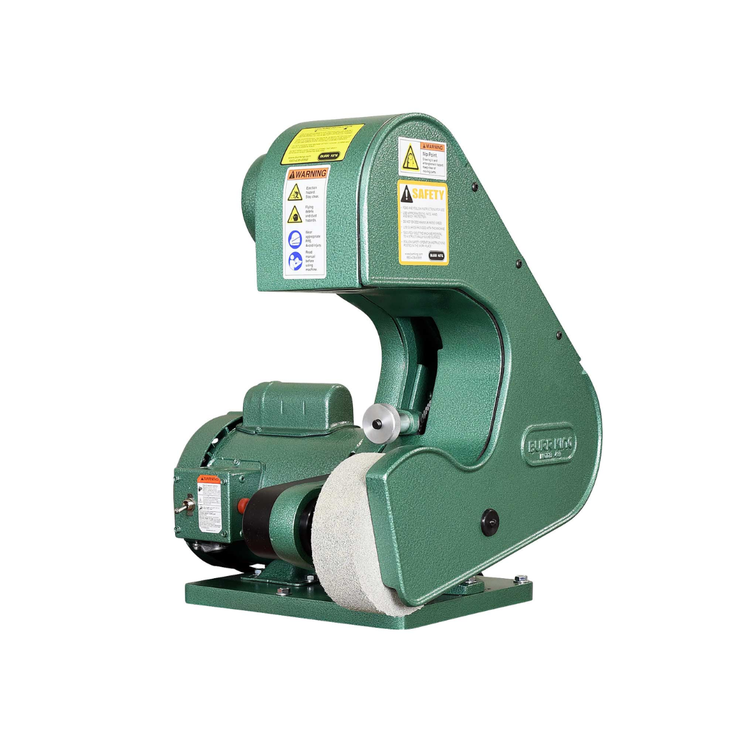 Burr King 2 x 48 Three Wheel Belt Grinder Model 482 40100 rear angle view displaying the grinder frame, motor housing, and belt drive arrangement.