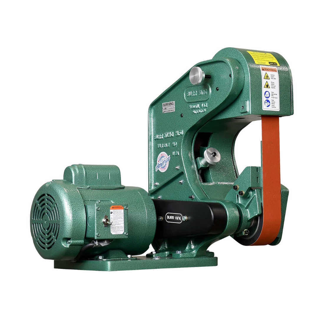 Burr King 2 x 48 Three Wheel Belt Grinder Model 482 40100 side view highlighting the three-wheel belt path, motor, and heavy-duty grinder construction.