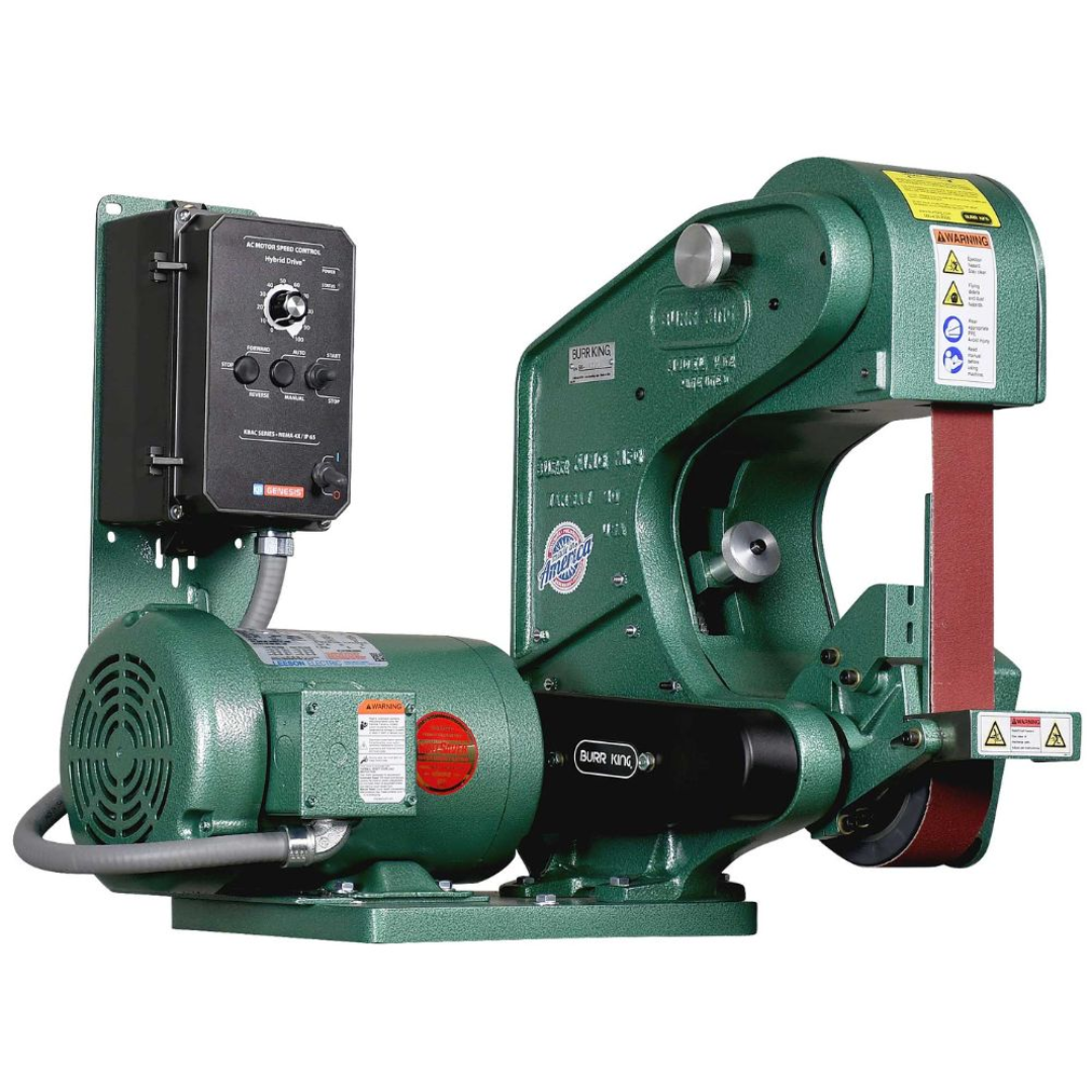 Burr King 2 x 48 Three Wheel Belt Grinder Model 482 41110 front angled view featuring the three-wheel belt grinding system, industrial motor, and heavy-duty metalworking construction.