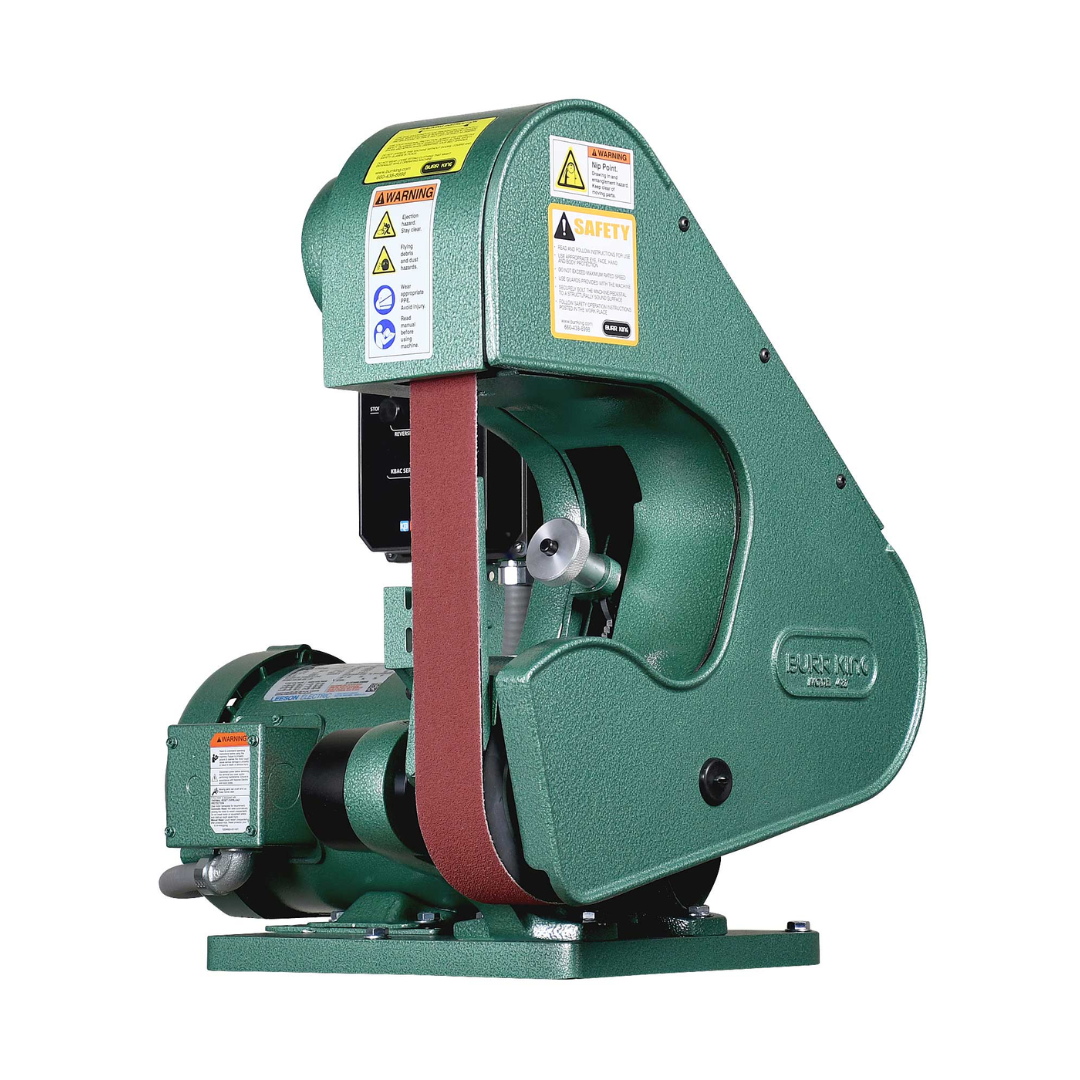 Burr King 2 x 48 Three Wheel Belt Grinder Model 482 41110 rear angled view highlighting the three-wheel configuration, belt path, and durable machine frame.