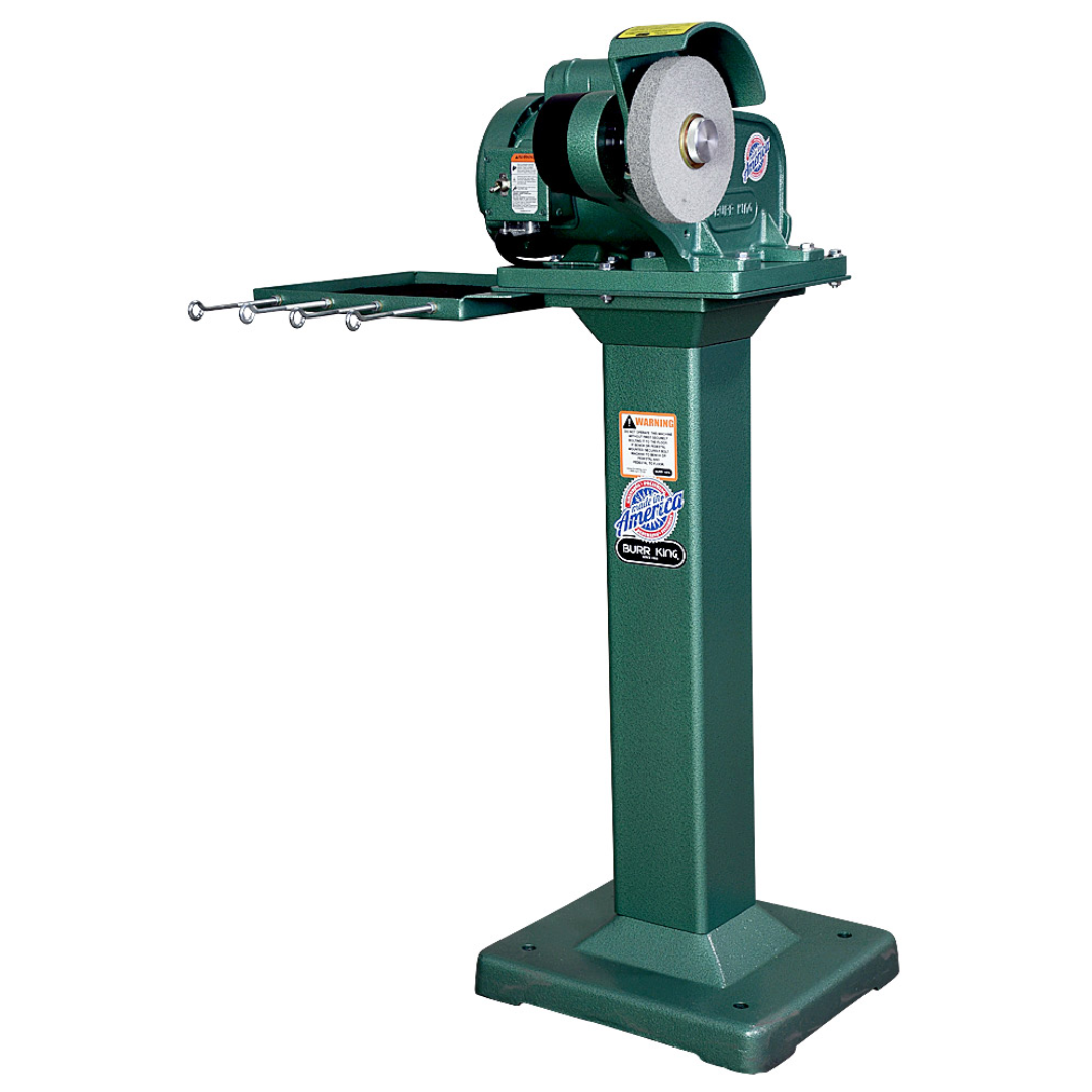 Burr King Deburring & Polishing Machines Model 600 60100 front view on pedestal highlighting the dual-wheel polishing configuration and heavy-duty construction.