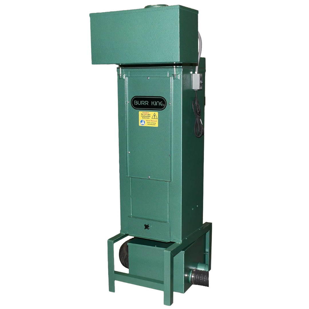 Burr King Dust Collector Systems 11100 angled side view displaying the vertical dust collector housing, collection chamber, and compact industrial footprint.